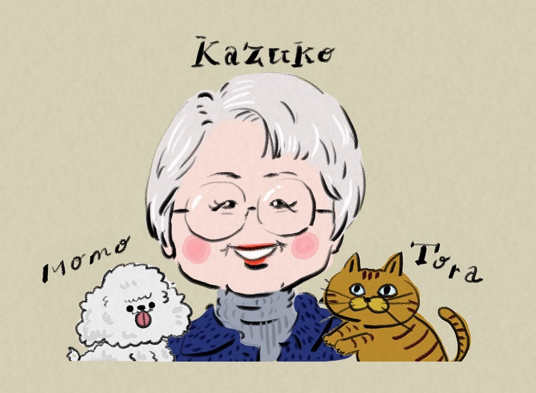 似顔絵の作例。お名前と一緒に飼い犬と猫も描かれている